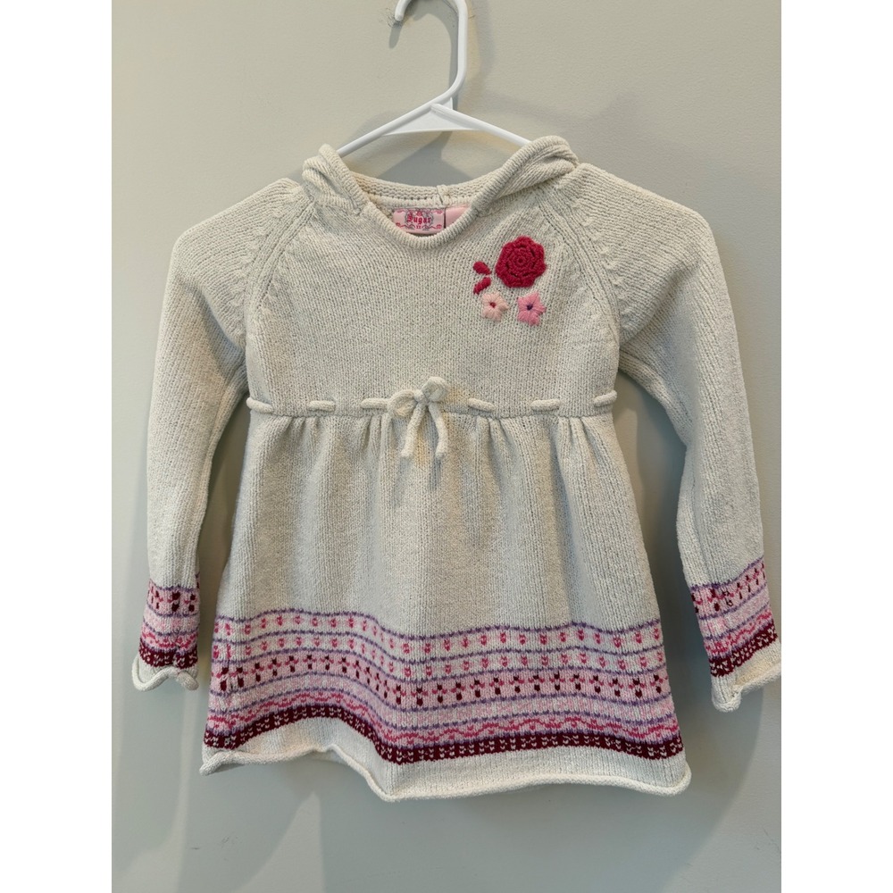 Sugar Kids Chenille Knit Hooded Sweater Dress Cream Pink Fair Isle Flower Size 5